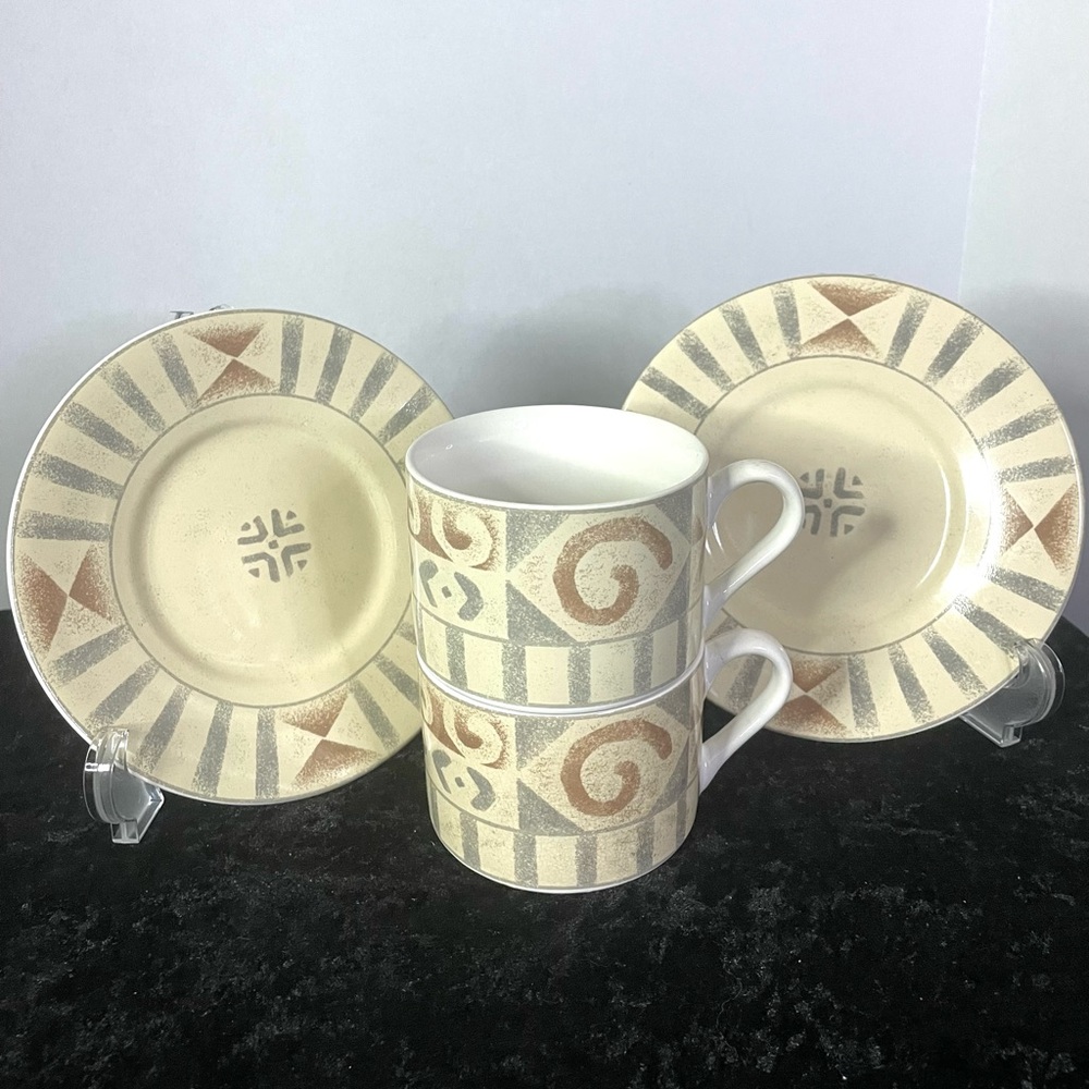 SANGO Canyon #4890 4-pc Cup & Saucer Set Beige Brown Gray Contemporary